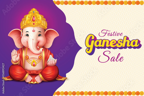 Lord Ganesha Sitting Purple And Ivory Color Background With Flower Border. Ganesha Chaturthi Festival Sale Celebration For Greeting Card, Invitation, E-commerce Banners.