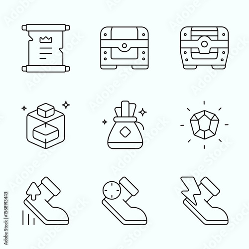 Outline Minimal Modern RPG icons featuring treasure chests, scrolls, gems, money bags, magic potions, and various speed boost shoes ideal for in-game UI and inventory elements