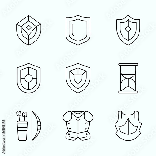Outline Style RPG icons showcasing shields, armor, arrows, and hourglass timers. Perfect for role-playing games, UI elements, and fantasy inventory design
