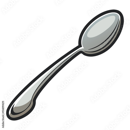 A silver-plated spoon resting on its side, a symbol of tableware, kitchenware, and fine dining.