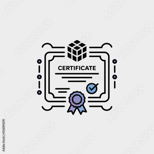 A minimalistic vector icon depicting a certificate of completion featuring a three dimensional cube a purple and blue ribbon seal and a checkmark signifying approval against a light grey