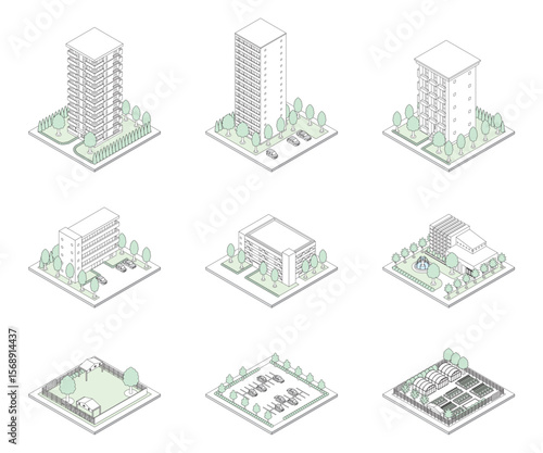 建物の立体的なイラスト. アイソメトリック画法. 線画.