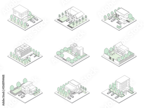 建物の立体的なイラスト. アイソメトリック画法. 線画.