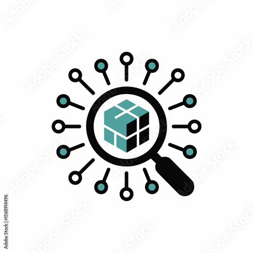 A teal and black three dimensional cube is centrally located within a black magnifying glass which is surrounded by a radiating pattern of alternating teal and white circles connected by