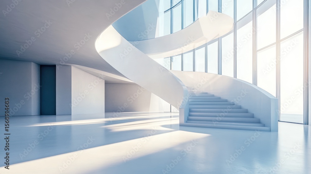 Obraz premium Modern, minimalist interior with sweeping staircase and large windows
