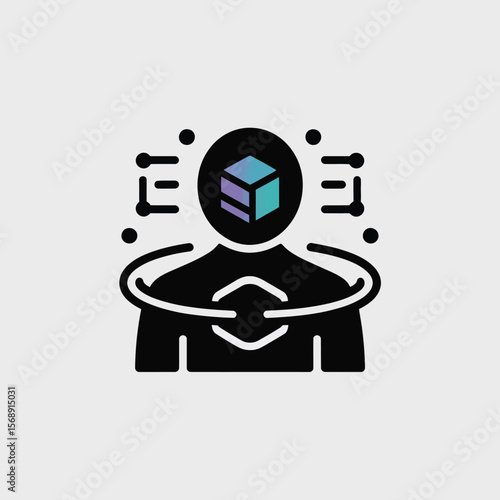 Abstract Minimalist Icon Depicting a Person with a Teal Purple 3 D Cube in Their Head Surrounded by a Circular Line and Connected Dots Representing Data Flow or Network Connections on a