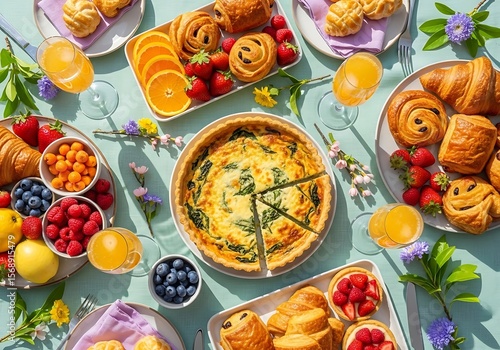 Wallpaper Mural Top-Down View of Festive Spring Brunch with Quiche, Pastries, and Fresh Fruit Torontodigital.ca