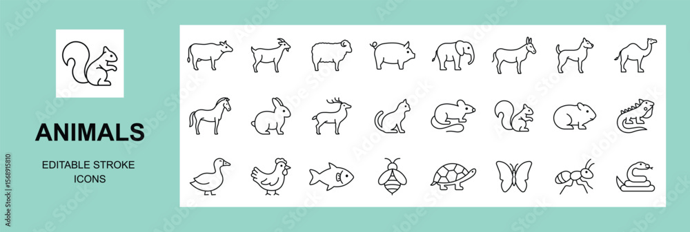 Naklejka premium Animals line Icons set. animals related outline icons Set. Editable Stroke. Vector illustration
