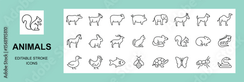  Animals line Icons set. animals related outline icons Set. Editable Stroke. Vector illustration