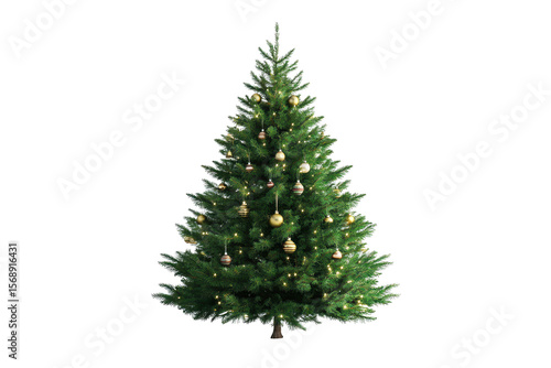 Christmas tree with ornaments displayed on a plain white background, highlighting festive decorations and natural green foliage suitable for holiday celebrations