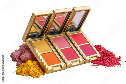 Three luxurious gold compacts of vibrant blush and highlighter makeup isolated on transparent background