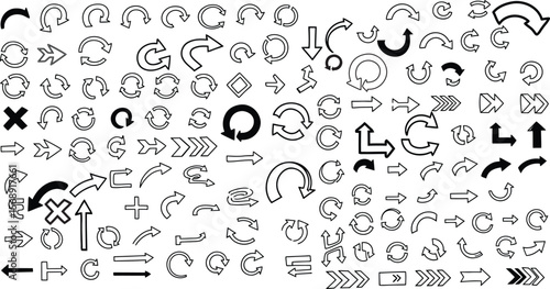 A collection of various directional graphic arrows, including curved, straight, and circular arrows, providing a diverse set of navigation and indication symbols for web or print design projects.