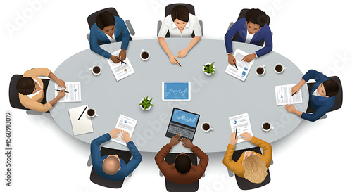 Diverse Business Team Meeting Around Oval Table Collaboration and Strategy