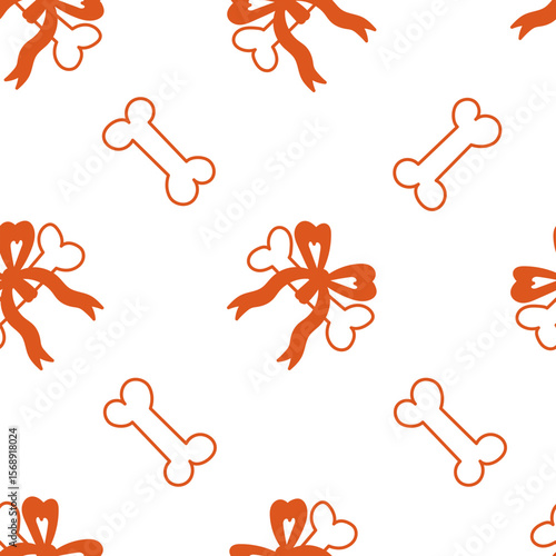 Dog Bone with Tied Bow Seamless Pattern. Christmas Holiday Ornament for Dog and Puppy. Pet Gift Wrapping Paper Background in doodle style. Repeat vector illustration