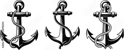 Nautical anchors are featured in a monochrome vector art design with a classic marine style, perfect for seafaring themes and maritime illustrations