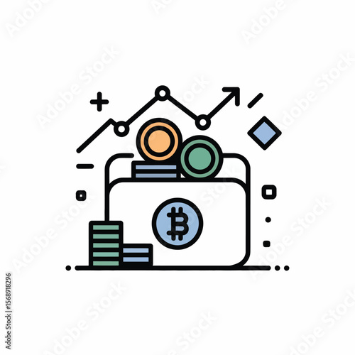 Bitcoin Wallet Icon Minimalist Vector Illustration Showing Cryptocurrency Growth Upward Trending Graph Stacks of Coins in Pastel Colors Blue Green Orange and a Bitcoin Symbol