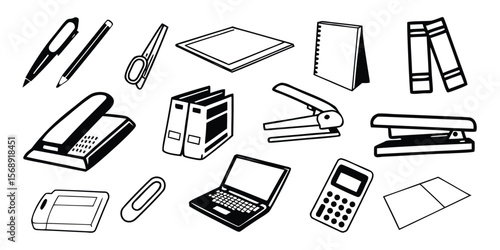 Collection of 40 black and white office supply icons for design projects