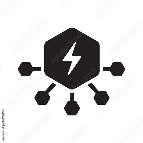 Power grid network icon with lightning bolt in hexagon hub connected to distribution nodes representing electricity transmission infrastructure system vector solid glyph