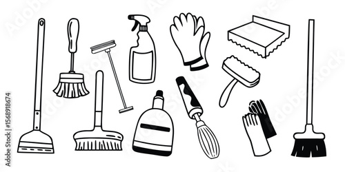 Collection of 30 black and white cleaning icons featuring mops and brooms