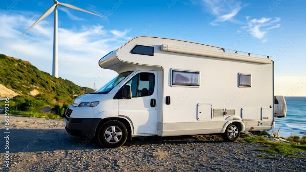 custom made wallpaper toronto digitalWhite camper van parked on a coastal cliff overlooking the ocean. Wind turbines are visible in the background