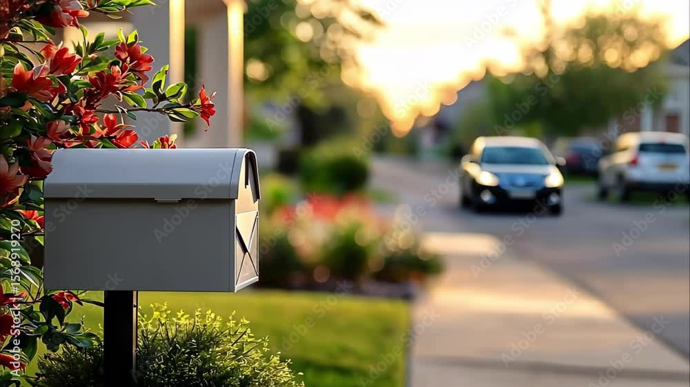 A mailbox next to a sidewalk with flowers and a blurred street in the background during sunset. A mailbox next to a sidewalk with flowers and a blurred street in the background during sunset.