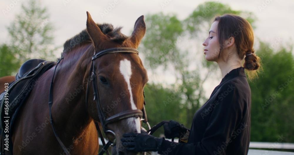 Fototapeta premium A woman strokes a horse's muzzle and looks lovingly into the animal's eyes