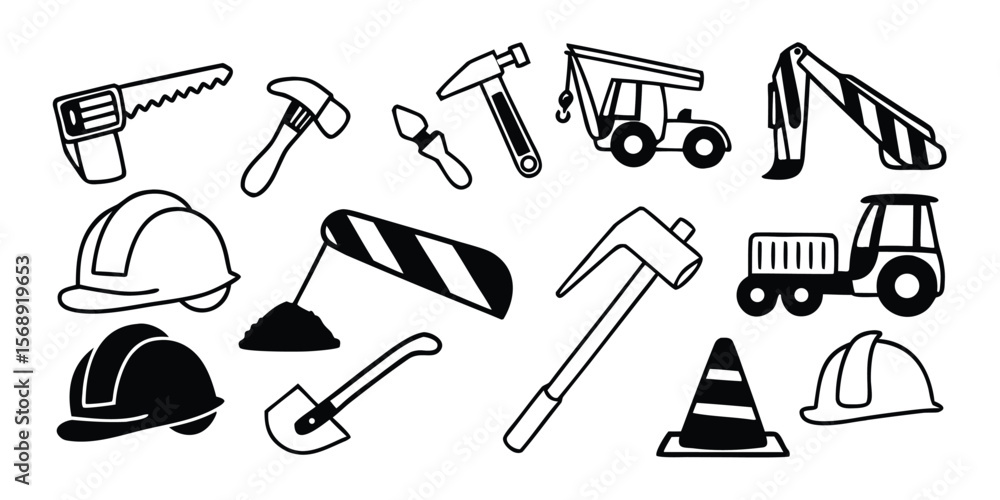 Obraz premium Comprehensive construction industry icon set featuring tools helmets and trucks