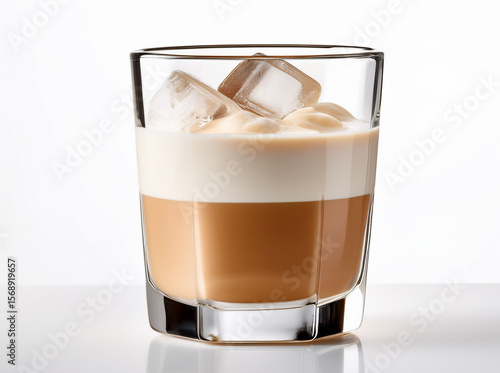 A glass of Irish cream liqueur over ice, minimal and elegant on white.