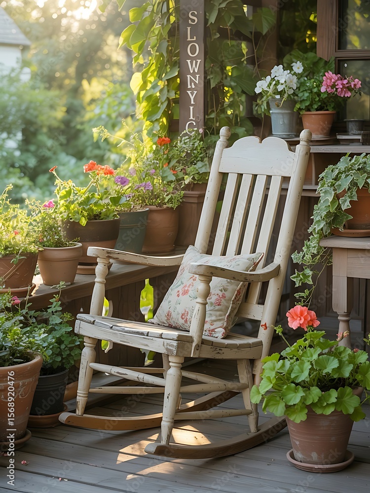 Fototapeta premium Inviting outdoor porch scene featuring a rocking chair and vibrant flora