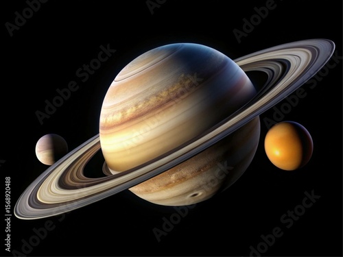 Solar System Art: Saturn with Rings and Moons 