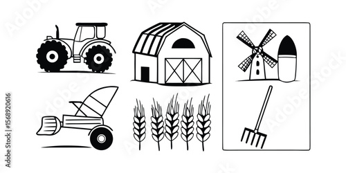 Modern minimalist farming icons featuring tractors and crops for agriculture