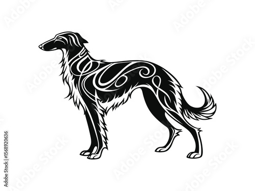 Borzoi dog silhouette vector illustration, pet clipart, black and white animal shape