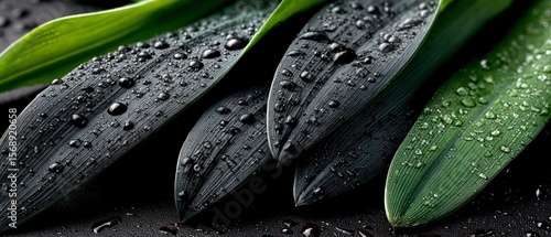 Close up of dark and green leaves with numerous clear water droplets on textured black surface