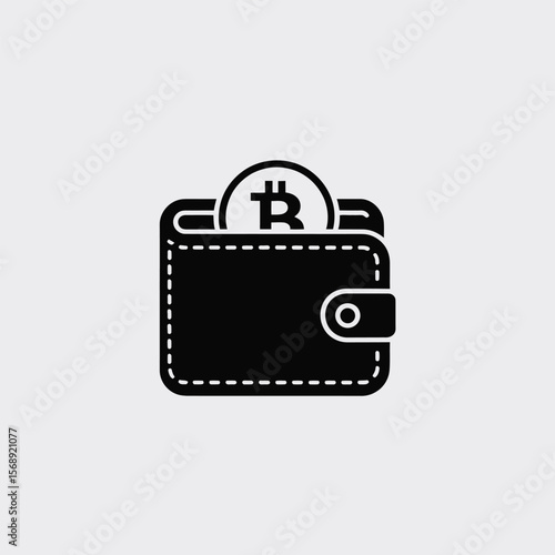 Black and White Minimalist Illustration of a Closed Wallet Containing a Single Bitcoin Coin Simple Cryptocurrency Wallet Icon Design Digital Asset Security Concept