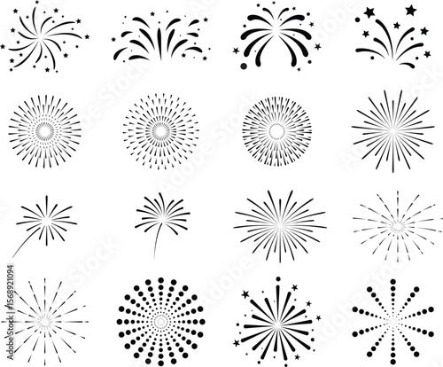Set of Fire works vector stock illustration, fireworks silhouette icon