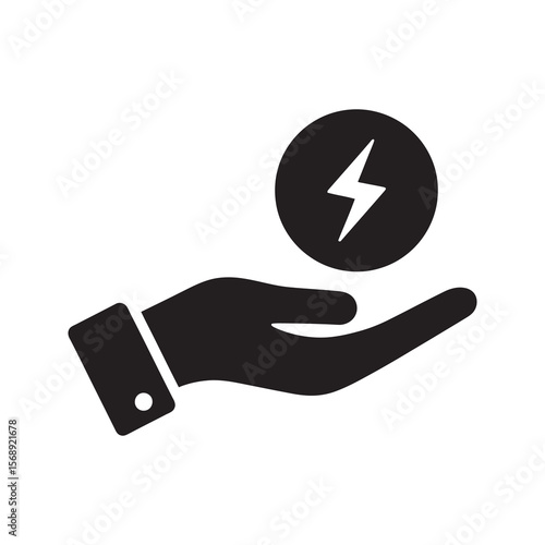 Power cost management icon with hand holding lightning coin representing electricity expense and financial budget control for energy consumption vector solid glyph