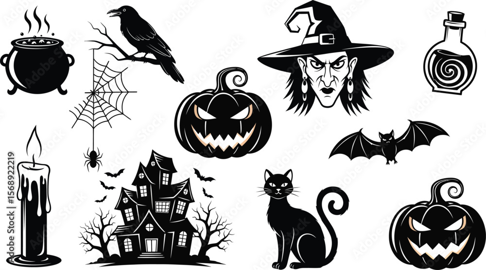 Fototapeta premium Collection of spooky black and white halloween icons including a witch pumpkins haunted house cat and more