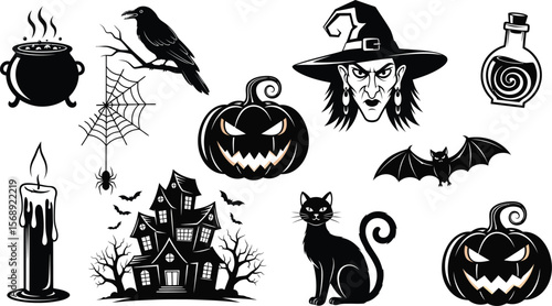 Collection of spooky black and white halloween icons including a witch pumpkins haunted house cat and more