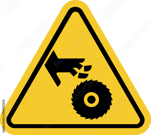 Warning sign for hand or finger injury, yellow triangle caution symbol with rotating blade hazard icon
