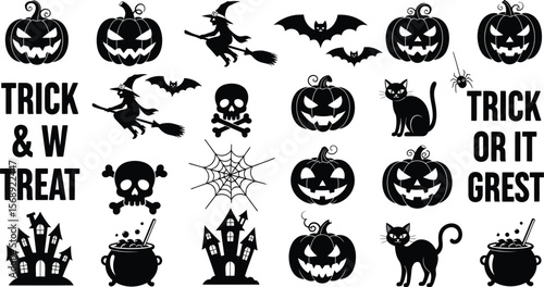 Collection of halloween icons featuring pumpkins witches bats skulls cats and haunted houses