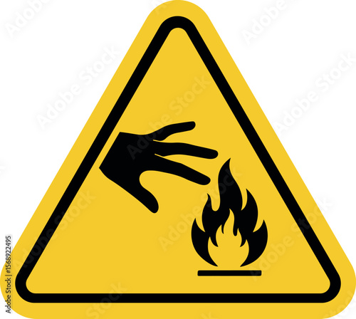 Warning sign for burn hazard, yellow triangle caution symbol