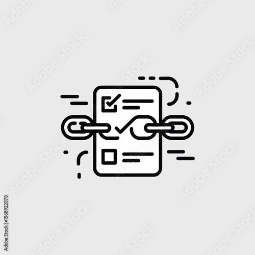 Black and white minimalist vector icon depicting a document with checkboxes and a chain link signifying connection or data linking The document features a checkmark and an empty box