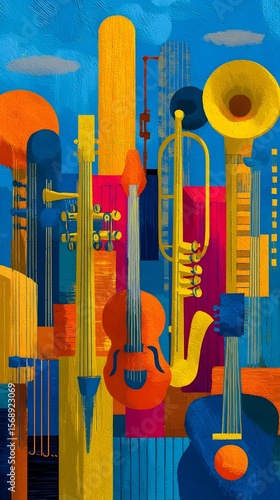 Colorful digital cityscape with abstract architectural shapes and musical elements