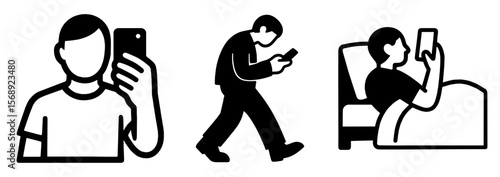 スマートフォンを使う人のシルエットアイコンセット、Smartphone User Silhouette Icon Set