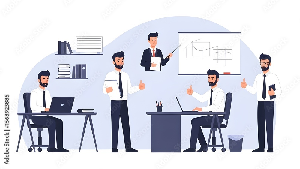 Business Men Working and Presenting Illustration Set Business Men Working and Presenting Illustration Set