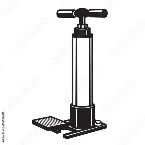 Black and white vector illustration of a manual foot operated air pump for tire inflation