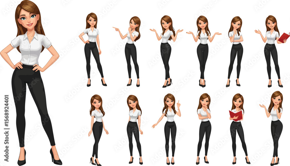 Fototapeta premium Cartoon business woman character poses collection for presentations and marketing