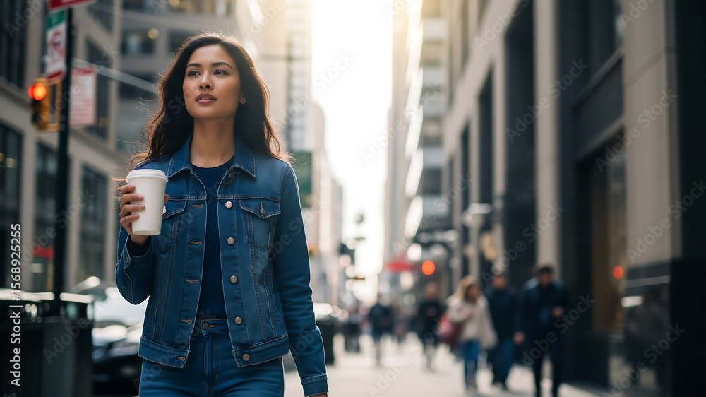 Fototapeta premium Person holding blank coffee cup on urban sidewalk for branding mockup