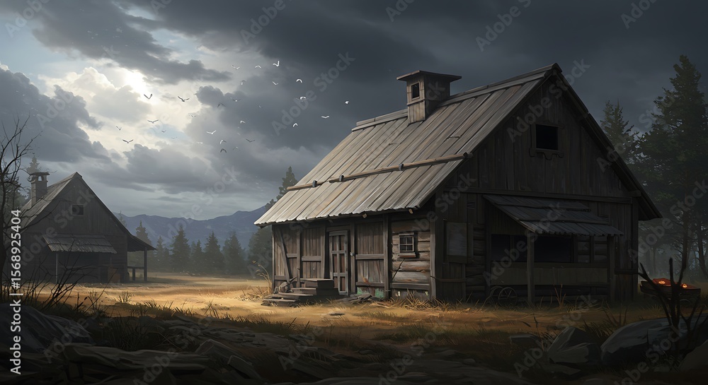 Fototapeta premium Rustic Wooden Cabin in a Dark and Stormy Landscape