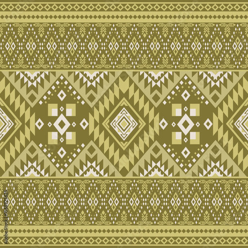 Traditional tribal textile pattern in olive green and mustard tones. Inspired by native weaving, perfect for fabric and digital design.